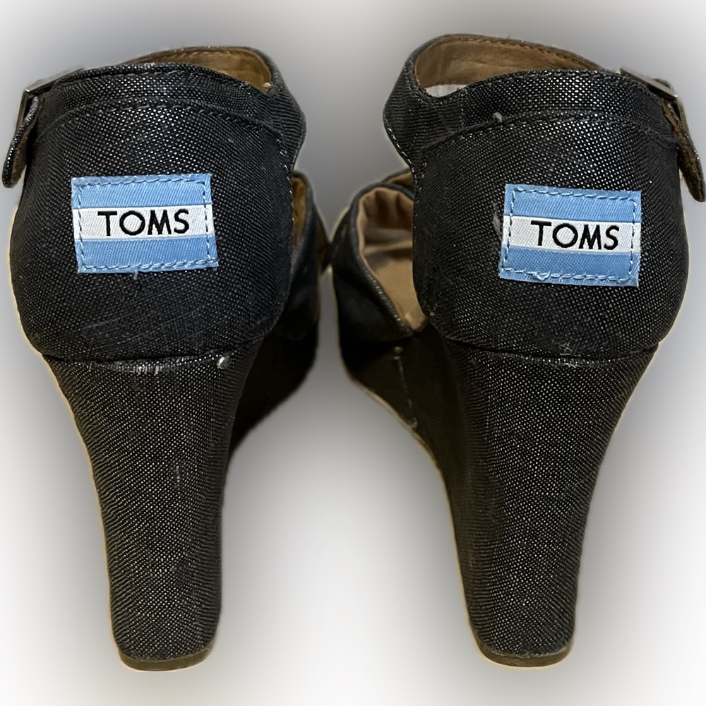 TOMS Sienna Wedge Black Metallic Denim Sandal size 7.5W - Picture 6 of 14